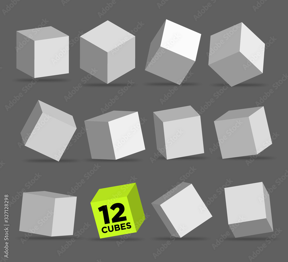 Poster white 3d blocks or cubes isolated on dark grey background with different angles vector illustration 
