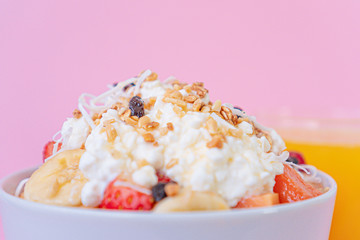 Brunch-style fruit salad with Homemade Cottage Cheese and orange juice