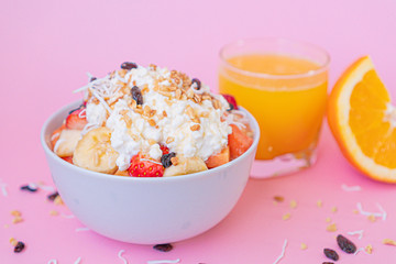 Brunch-style fruit salad with Homemade Cottage Cheese and orange juice