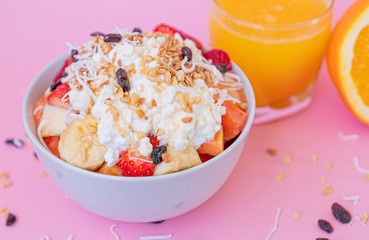 Brunch-style fruit salad with Homemade Cottage Cheese and orange juice