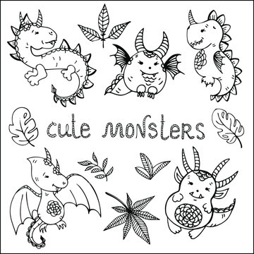 Cute monsters vector doodle set