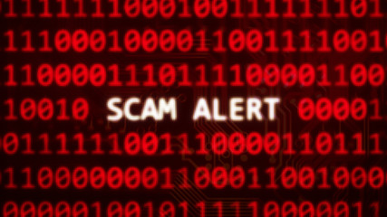 Scam alert text on random binary code red screen - computer technology words series 3D render