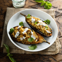 Roasted spicy eggplant with bulgur and yogurt