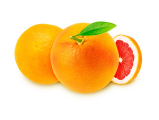 Grapefruit with slice and leaf on white background