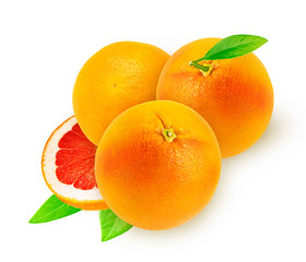 Grapefruit with slice and leaf on white background