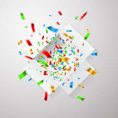 Open white gift box and confetti box top view. Christmas background. Vector illustration