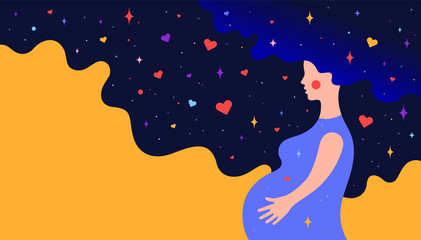 Fototapeta premium Modern flat character. Pregnant woman with dream universe. Simple character of pregnant woman with universe starry night and love symbols in hair. Concept in flat graphic. Vector Illustration