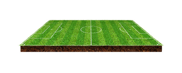 Side view of Green soccer field on brown ground isolated on white background.