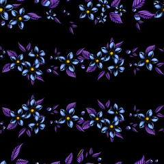 Floral blossom seamless pattern. Vector illustration of floral arrangement of blossom branch with leaves in engraving technique isolated on black background.