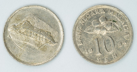 Malaysia coin  10 sen isolated on white background front and back view © Lee