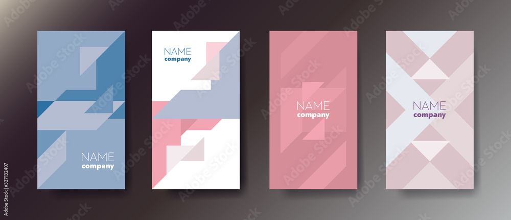 Poster set of four light color abstract vertical business cards with graphic elements and text.