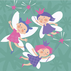 Set Of Flying Fairies Of Many Colors And Poses Vector Illustration Cartoon Character. Flat style.