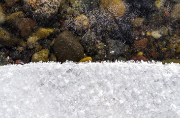 the texture of the snow crystals and a thin transparent ice on the rocky bottom