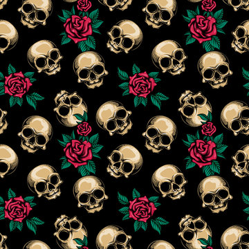 Human skulls with roses seamless pattern. Vector illustration of cute skulls and floral arrangement of red roses and leaves in engraving technique isolated on black background.