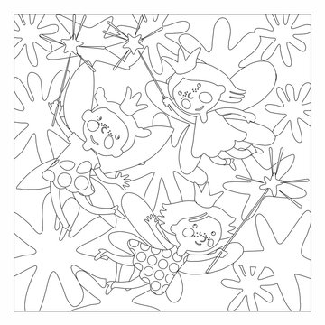 coloring for children. Black and white image of a fantasy fairy girl with wings, Outlined on white background for kids coloring book