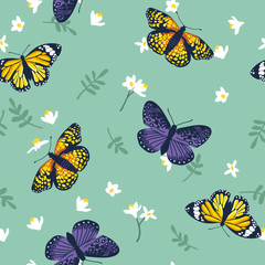 Vector seamless pattern with bright butterflies. Hand drawn texture design