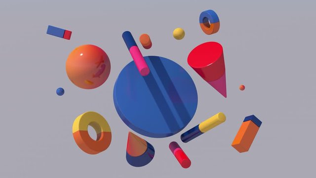 Colorful bright geometric shapes. Abstract animation, 3d render.