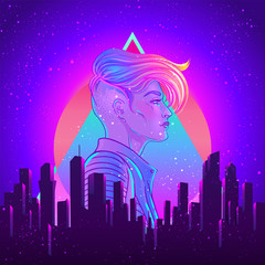 Portrait of a young pretty androgynous woman with short shaved pixie undercut in retro futurism style. Vector illustration in neon bright colors. Blue short hair. futuristic synth wave flyer template.
