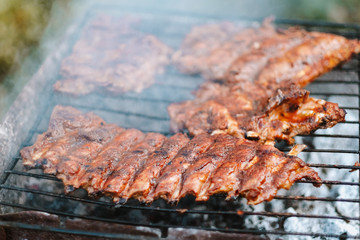 Cooking pork ribs on the grill, on an open fire, outdoors. Picnic and camping concept