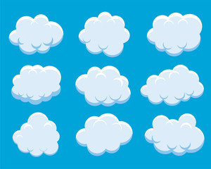 set of fluffy clouds on blue background