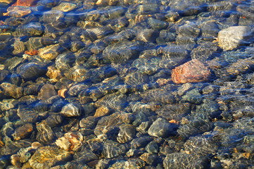 The bottom of the lake. Stones are clearly visible in the clear water. The day is Sunny.