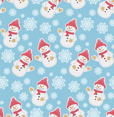 Seamless pattern with snowmen and snowflakes on a blue background. Template for wallpaper, packaging, textile, fabric.