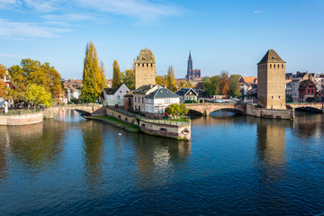Famous oldtown of Strassbourg Petite France with reflections in the water with a view on the...