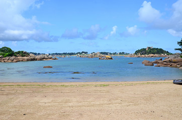 View at the Island Costaérès with its castle, Pink Granite Coast or Cote de Granite Rose in Brittany, France