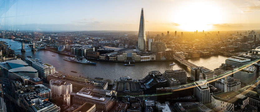 Panorama of the view from the Skygarden in London on the Shard and the river Thames