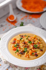 Carrot lentils cream with bacon