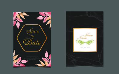 Wedding invitation cards with indigo marble texture background and gold geometric line design vector.
