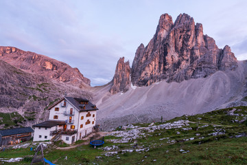 The Zsigmondy alpine hut near the mountain Zwoelferkopf in the Dolomites