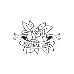 Rose tattoo template with wording eternal love. Traditional tattoo flowers old school tattooing style ink.