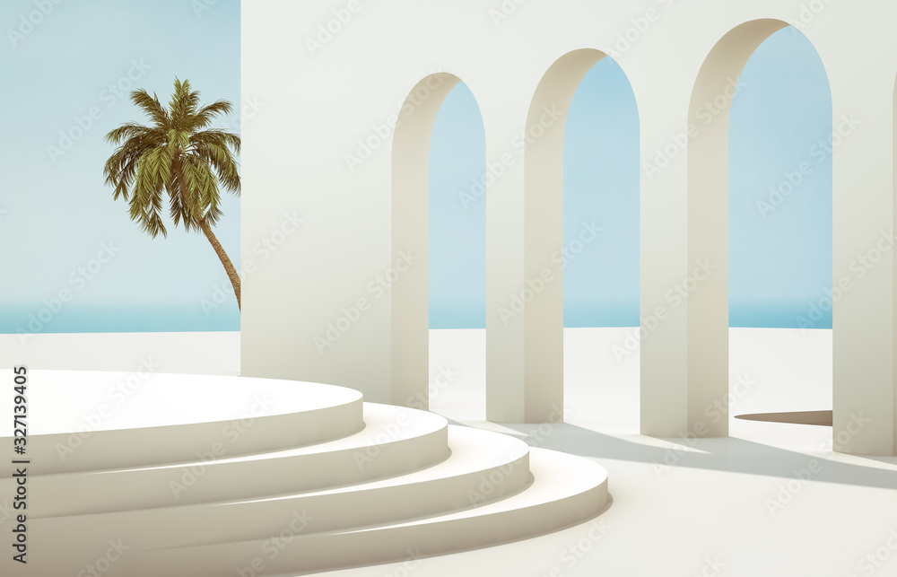 Fototapete scene with geometrical forms, arch with a podium in natural day light. minimal landscape background.