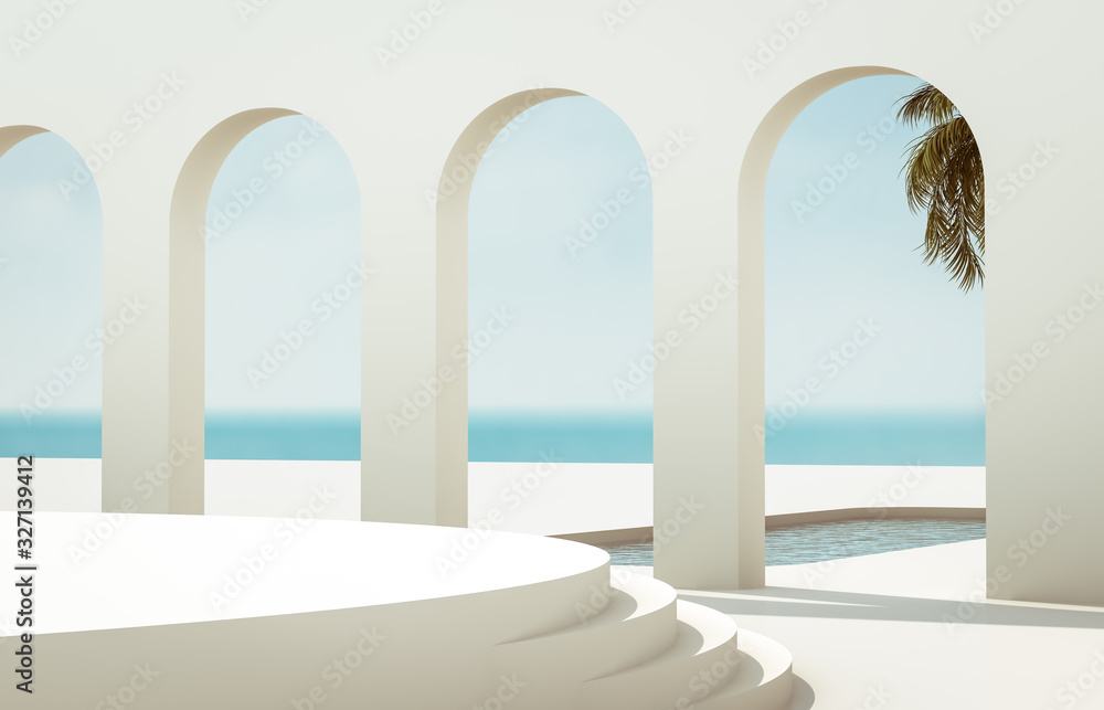 Fototapete scene with geometrical forms, arch with a podium in natural day light. minimal landscape background.