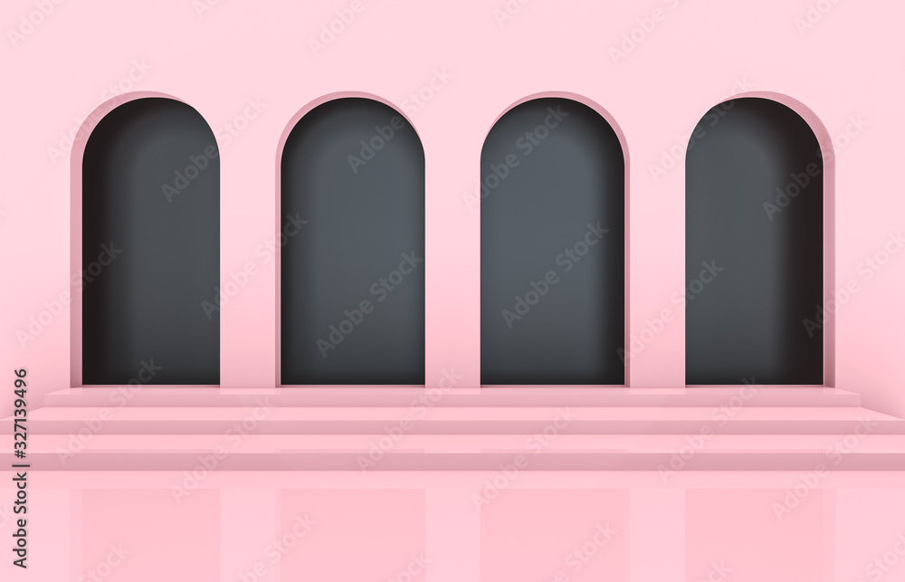 Poster scene with geometrical forms, arch with a podium, minimal background, pink background. 3d render.