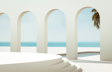 Scene with geometrical forms, arch with a podium in natural day light. minimal landscape background. sea view with palm tree. Summer scene. 3D render background.