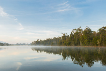Fototapeta na wymiar Beautiful nature and fog on the reservoir in khao yai national park