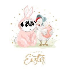 Cute Easter Chicken and Panda with a hand-drawn phrase 