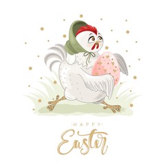 Cute Easter Chicken with a hand-drawn phrase "Happy Easter". Easter eggs, branches with leaves,  flowers. Calligraphy brush for invitation and greeting card.