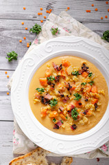 Carrot lentils cream with bacon