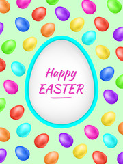 Happy Easter background with colorful eggs and holiday greetings. Easter big hunt. Vector illustration perfect for creating collages, design of banners, decorating wishes, albums, greeting cards etc.