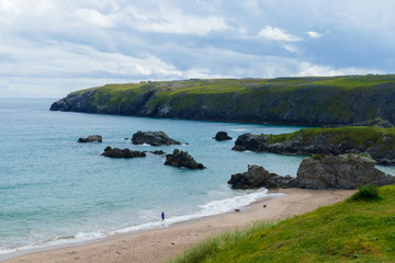 Blick über Sango Sands, Bucht mit Sandstrand und türkisfarbenem Wasser im Nordenwesten von...