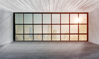 Room empty spacious interior with panoramic city view, copy space and sunlight on glass of window...