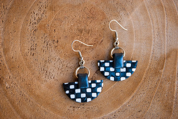 Black and white silver geometric earrings. Handmade jewelry fashion.