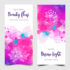 Yoga card design. Colorful template for spiritual retreat or yoga studio. Ornamental business cards, oriental pattern over watercolor painted background. Vector illustration.