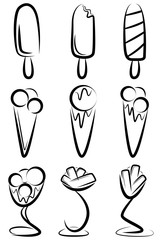 A set of nine images of ice cream. Creative art. Images for different restaurants and other establishments.