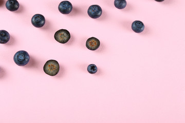 Perfectly ripe freshly picked local produce blueberries. Close up, copy space for text, top view, background. Healthy vegan snacks full of antioxidants. Seasonal summer berries.