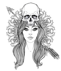 Shaman woman with a long hair and human skull on her head. Vector illustration with mandala background. Scary design for tattoo, hipster t-shirt design, vintage style poster.