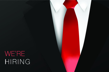 Hiring or recruitment website banner vector template with businessman in suits with red tie. Job vacancy advertisement. Eps10 illustration.